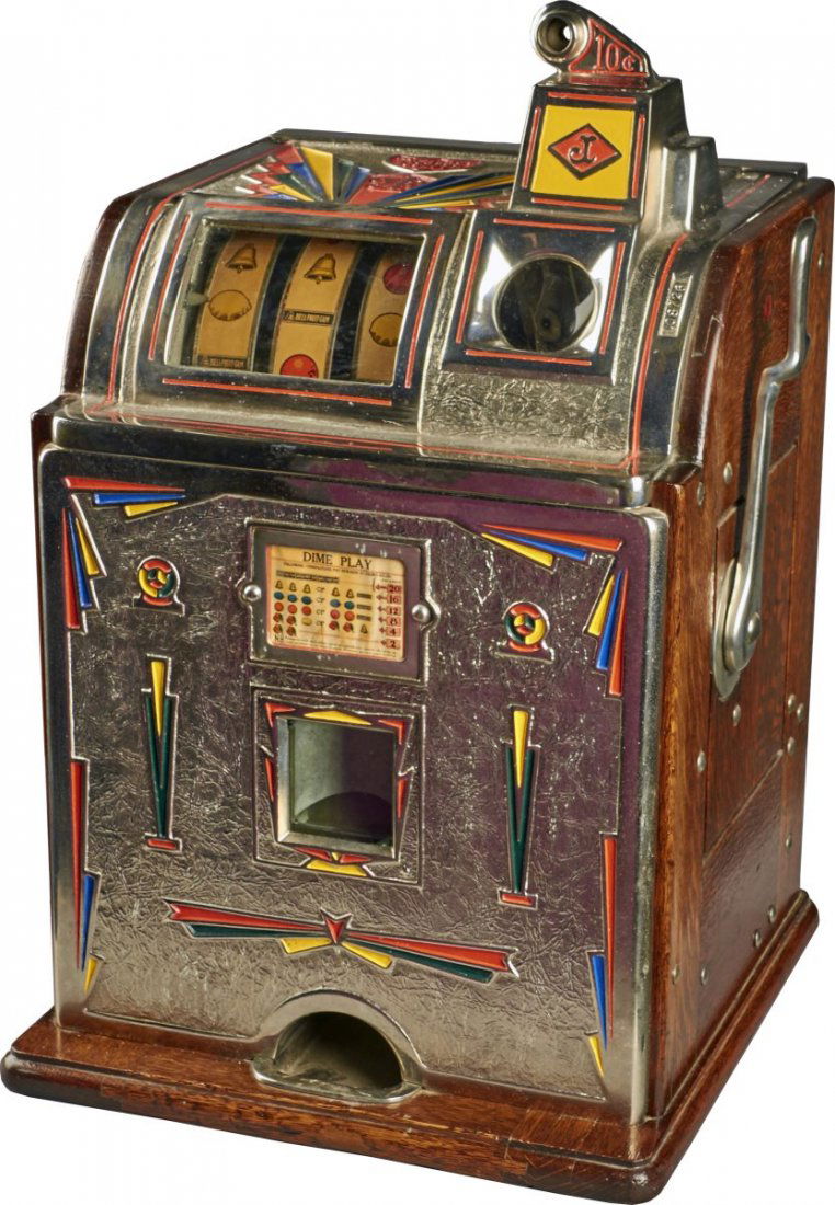 10 ¢ Victoria New Model B Art Deco Slot Machine: 10 cent O.D. Jennings Victoria New Model B "Art Deco" gooseneck bell slot machine. Circa 1931. Includes keys. Condition (Restored). Size 15-1/2" x 15-1/2" x 24"