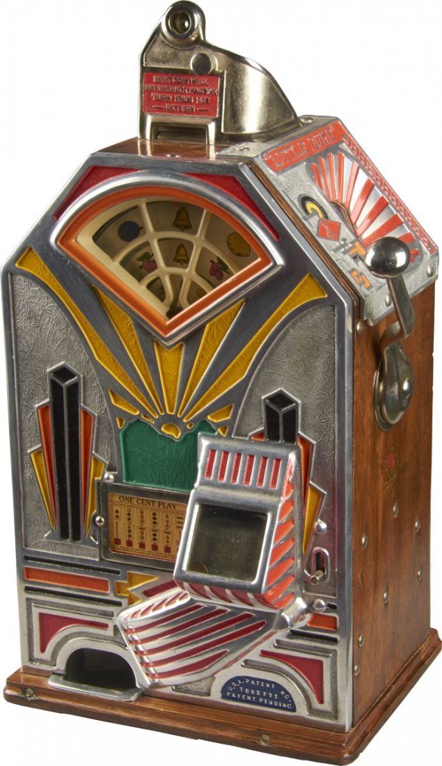 1 ¢ Jennings Little Duke Slot Machine: 1 cent O.D. Jennings Little Duke Jackpot Model C counter 3-wheel slot machine. Single jackpot model. Circa 1932. Includes keys. Condition (Restored). Size 13" x 10" x 24"