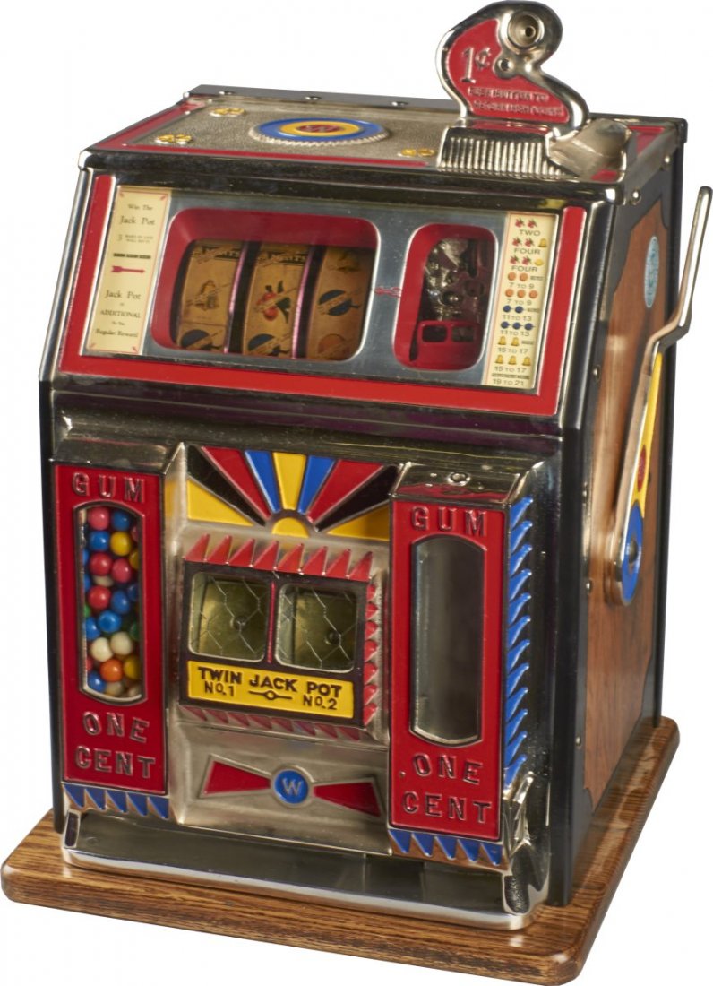 1 ¢ Watling Twin Jackpot Gum Vendor Slot Machine: 1 cent Watling Manufacturing Co. Twin Jackpot Ball Gum Vendor "Blue Seal" front vendor gooseneck bell slot machine with fortune reels. Circa 1931. Case is in excellent condition but reels show some ag
