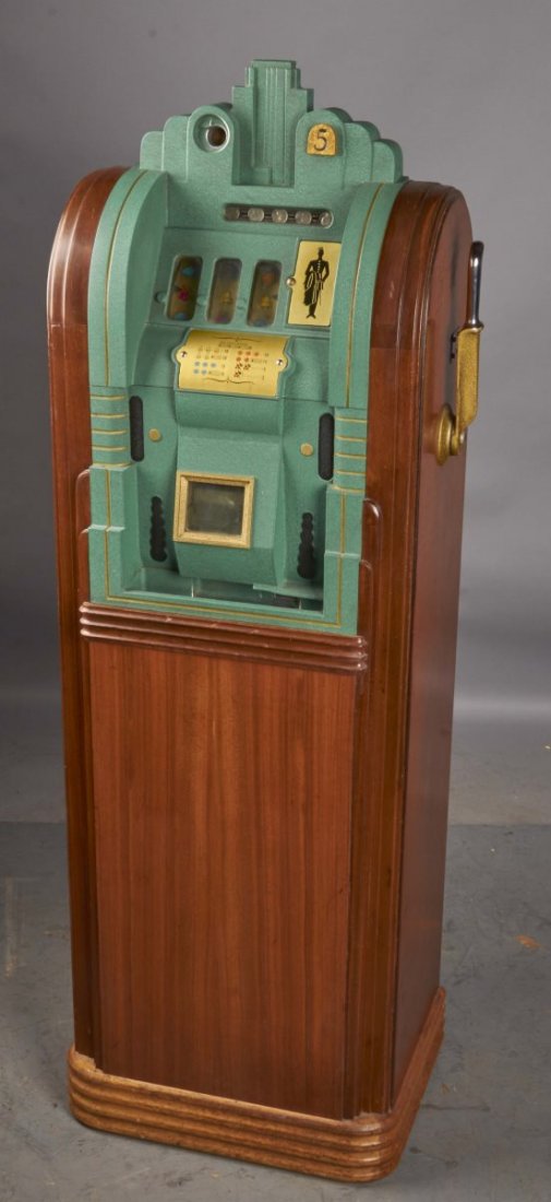 5 ¢ Mills Extraordinary Club Bell Slot Machine: In wood floor stand. One of 12 machines purchased by the Longview Country Club in Longview, Washington. All 12 machines were given away in 1950 after the enactment of the Johnson Act. Consignor claims