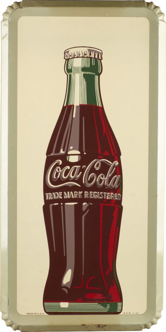 Coca Cola Self-Framed Tin Lithograph Sign: Lithograph metal advertising sign depicts bottle of Coca Cola. Marked A.A.W. 3-52 Made in the USA. Circa 1952. Condition (Excellent). Size 36" x 17-1/2"