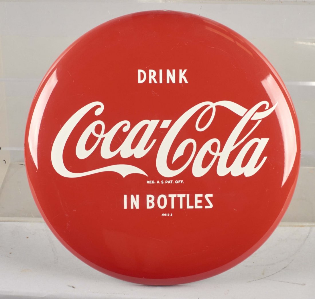 Coca Cola Button Sign.: Tin button sign reads, "Drink Coca Cola in bottles." Condition (Near Mint). Size 16" Diameter.