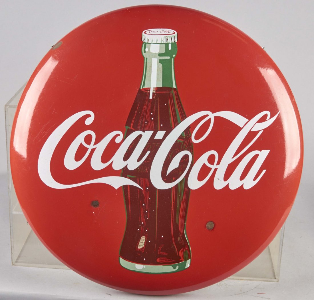 Coca Cola Button Sign: Coca Cola porcelain sign with bottle behind the lettering. Condition (Good). Size 24" T.