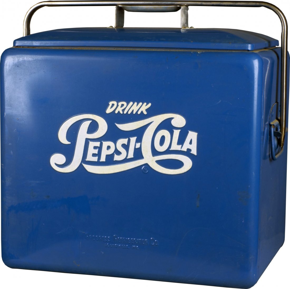 Pepsi Cola Blue Progress Refrigerator Co. Cooler: Model A1 with lid and carrying handle. Includes sandwich tray and original manufacturers paperwork. Embossed "Drink Pepsi-Cola, Progress Refrigerator Co. Louisville, KY." Condition (Very good). Size 1