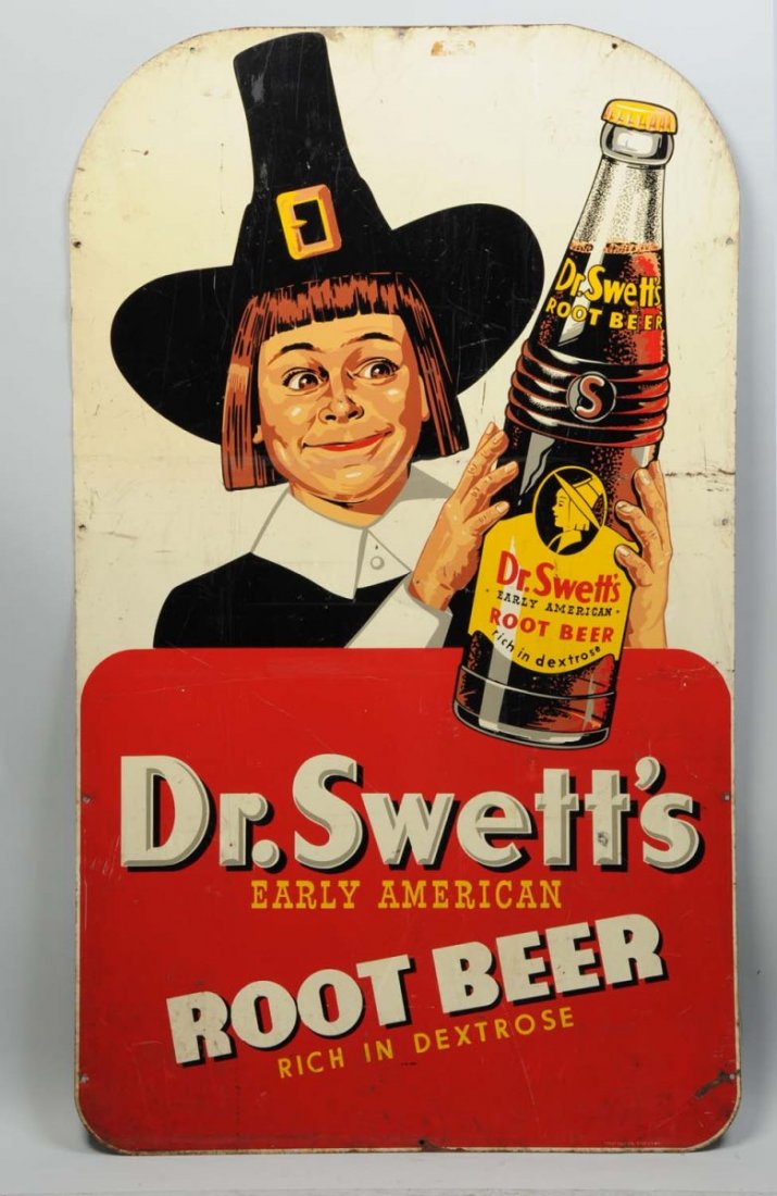 Large Dr. Swett's Root Beer Sign: Features pilgrim graphic and reads "Rich in Dextrose". Condition (Very good). Size 60" x 34"