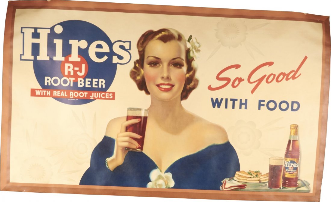 Large Hires R-J Root Beer Advertising Poster: Single sided advertisement features lovely lady with a flower in her hair holding a glass of Hires. Reads "So good with food". Condition (Excellent). Size 58" x 34"