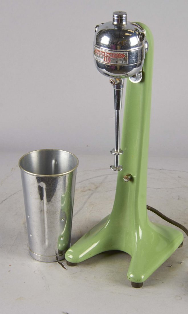 Hamilton Beach Malt Mixer: Mixer has green porcelain base and includes stainless steel mixing cup and extension cord. Condition (Excellent). Size 17" T.