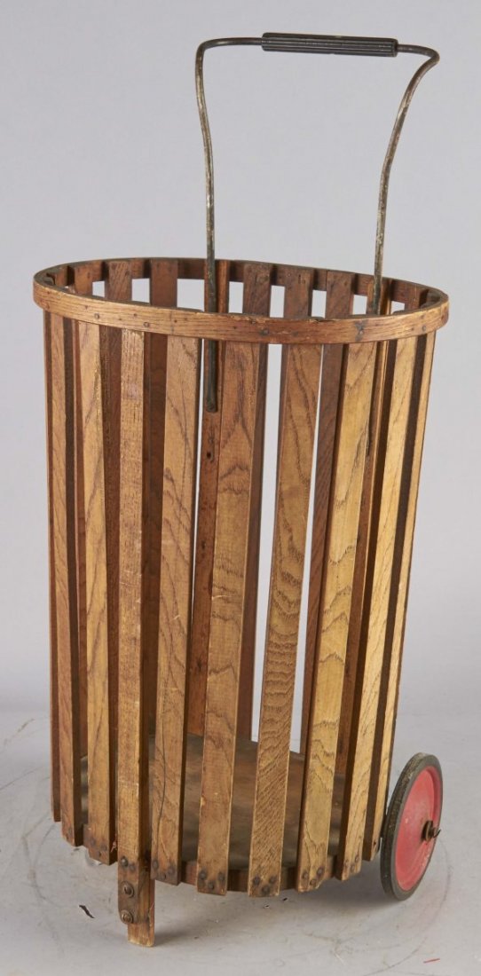 Wood Grocery Market Shopping Cart Pull Basket: This rolling antique cart is made of wooden slats. Circa 1920s. Condition (Very good). Size 16" x 15" x 34"