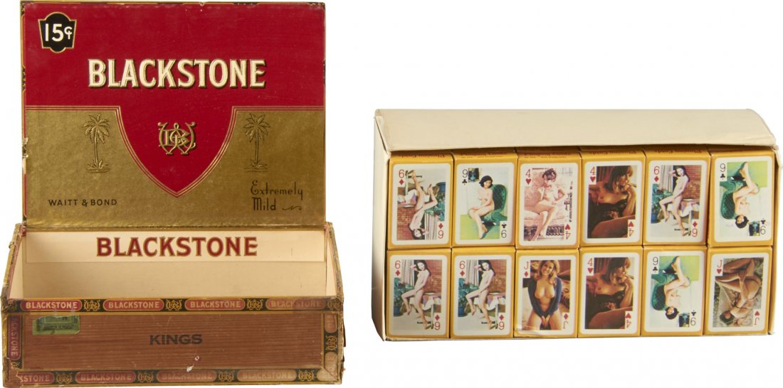 Lot Of 72 NOS Pinup Nude Playing Cards, Cigar Box: Includes 72 mini card decks in original packaging. Also one 15 cent Blackstone Waitt & Bond Havana Filler Cigar box. Each deck measures 1-3/4" x 1/2" x 2-1/2". Condition (Near mint plus). Size 8-1/2" 