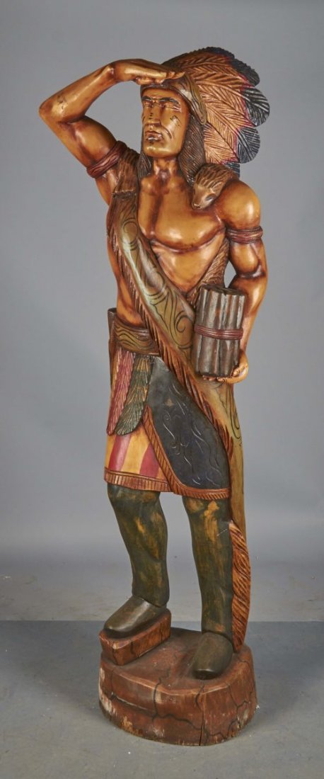 Tall Carved Wooden Cigar Store Indian Statue: Contemporary figure with great detailing and coloring. Condition (Excellent). Size 19" x 13" x 75"