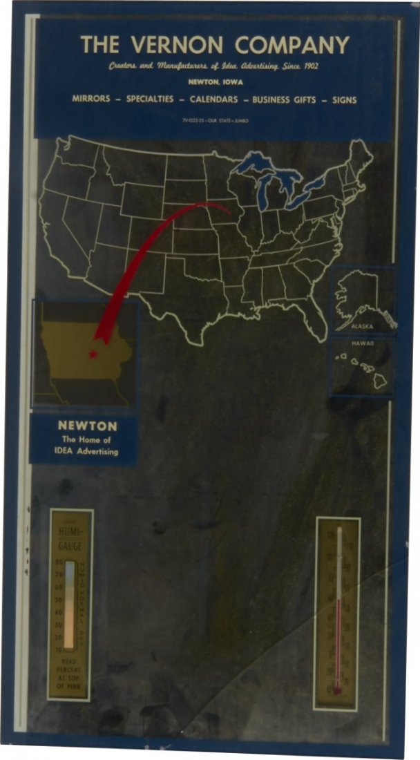 Reverse On Glass The Vernon Company Mirror Sign: Sign includes built in thermometer and Humi-Gauge. Graphic includes map of United States and closeup to show location of Newton, Iowa, "The home of iDEA advertising". No chips or cracks to glass with 