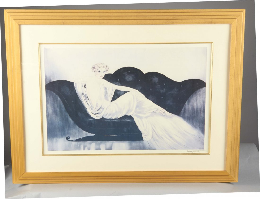 Louis Icart Print In Frame: Signed print under glass of "Le Sofa" by Louis Icart, features lady on couch. 1937. Condition (Excellent). Size Framed: 27 - 3/4" x 36 - 1/2"