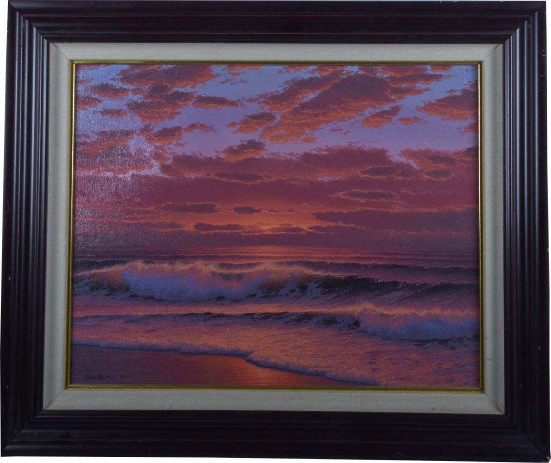 Sunset over Molokai Early David Dalton Painting: Early original oil painting by Dave (David) Dalton titled Sunset over Molokai of a colorful Hawaiian beach sunset scene with waves in frame. Circa 1983. Condition (Near mint plus). Size 44" x 32"