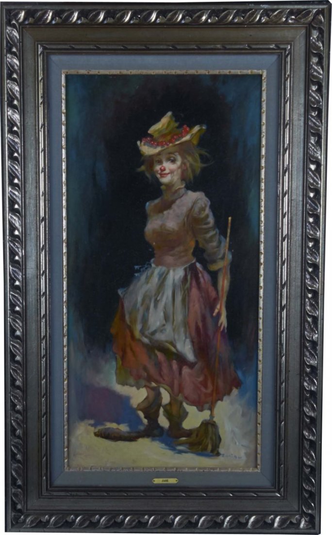 Original Hobo Girl Clown Painting Jane by Julian: Original oil painting by Julian Ritter on masonite of a jolly hobo clown girl "Jane" with hat and mop. Signed; JULIAN in lower right, circa 1972. Condition (Excellent). Size 24" x 39"