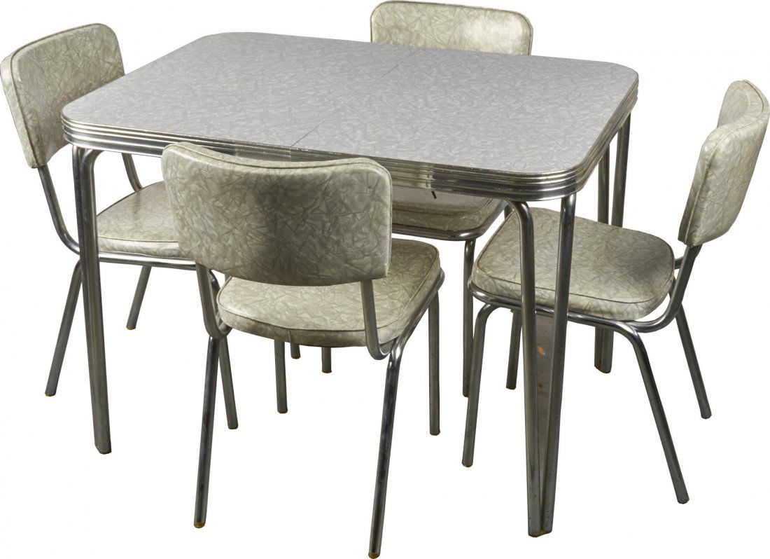 Chrome Dinette Set with Formica Top And Leaf: Chrome dinette set with "grey cracked ice" Formica table and four chairs. Manufactured by the Virtue Bros. Mfg. Co. of Los Angeles, CA. Circa 1950s. Vinyl intact and supple. Condition (Very good). Siz