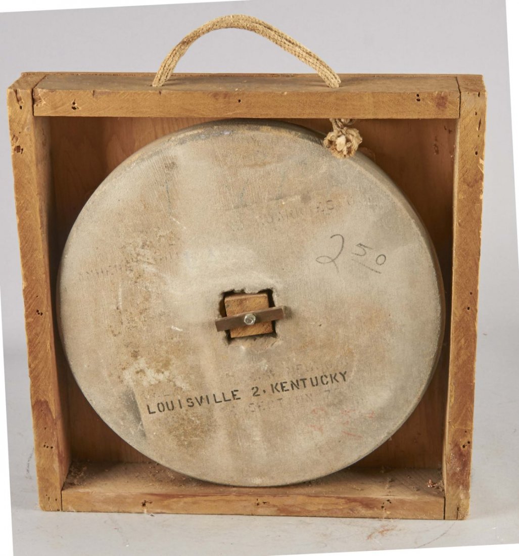 Large Grindstone Replacement Wheel in Crate: Grinding wheel was made in Louisville 2 Kentucky. Has faded price of $2.50 on it. Circa 1930s. Condition (Very good). Size 16-3/4" Diameter.