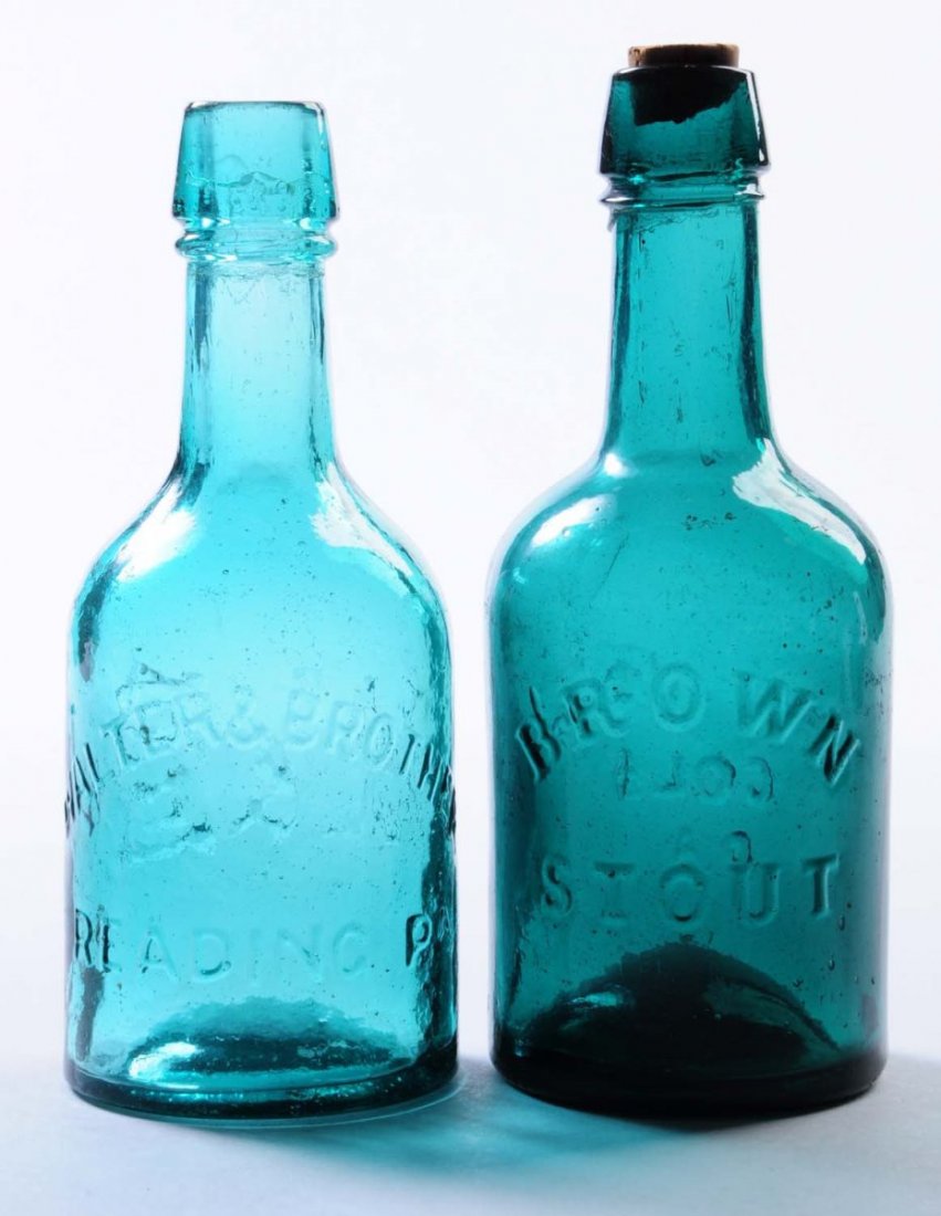 Lot of 2: Early Beer Bottles - Pennsylvania.: This lot includes: turquoise bottles from Walter and Brother in Reading and Chas. Grover in Cola, Pennsylvania. Condition (Excellent). Size Each 7" T.