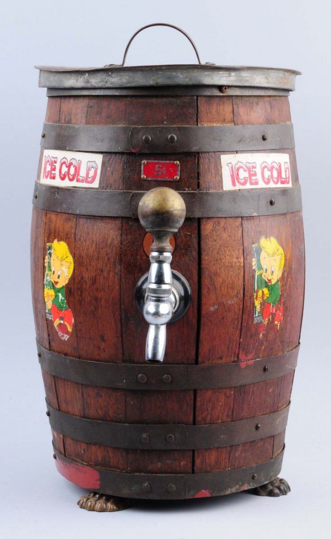 Wooden Barrel Type Soda Dispenser.: This barrel has moderate wear and damage. Squirt and Hires decals were added later. Condition (Good). Size 18" T.