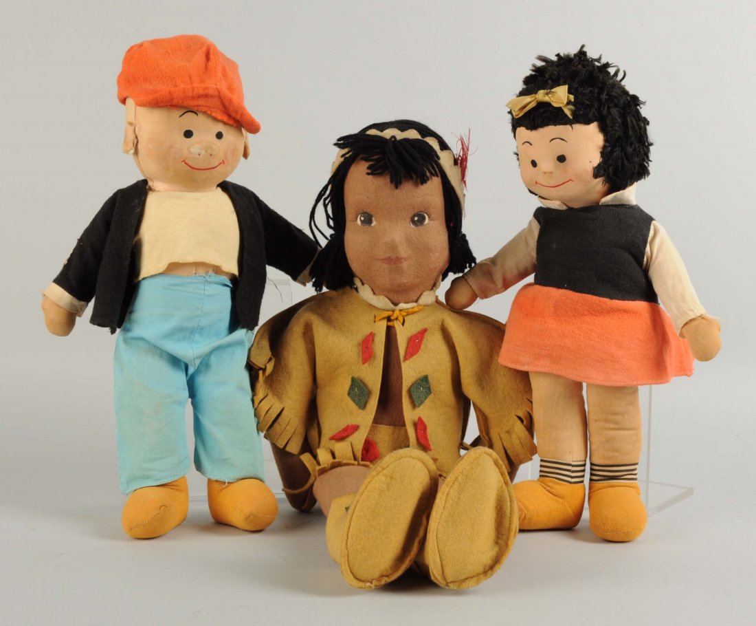 Lot Of 3: All Cloth 1940's - 50's Dolls.: Nancy and Sluggo comic characters by Georgene Averil in original outfits and an unmarked felt Indian in original felt outfit. Have been played with. Condition (Fair). Size Tallest: 19".