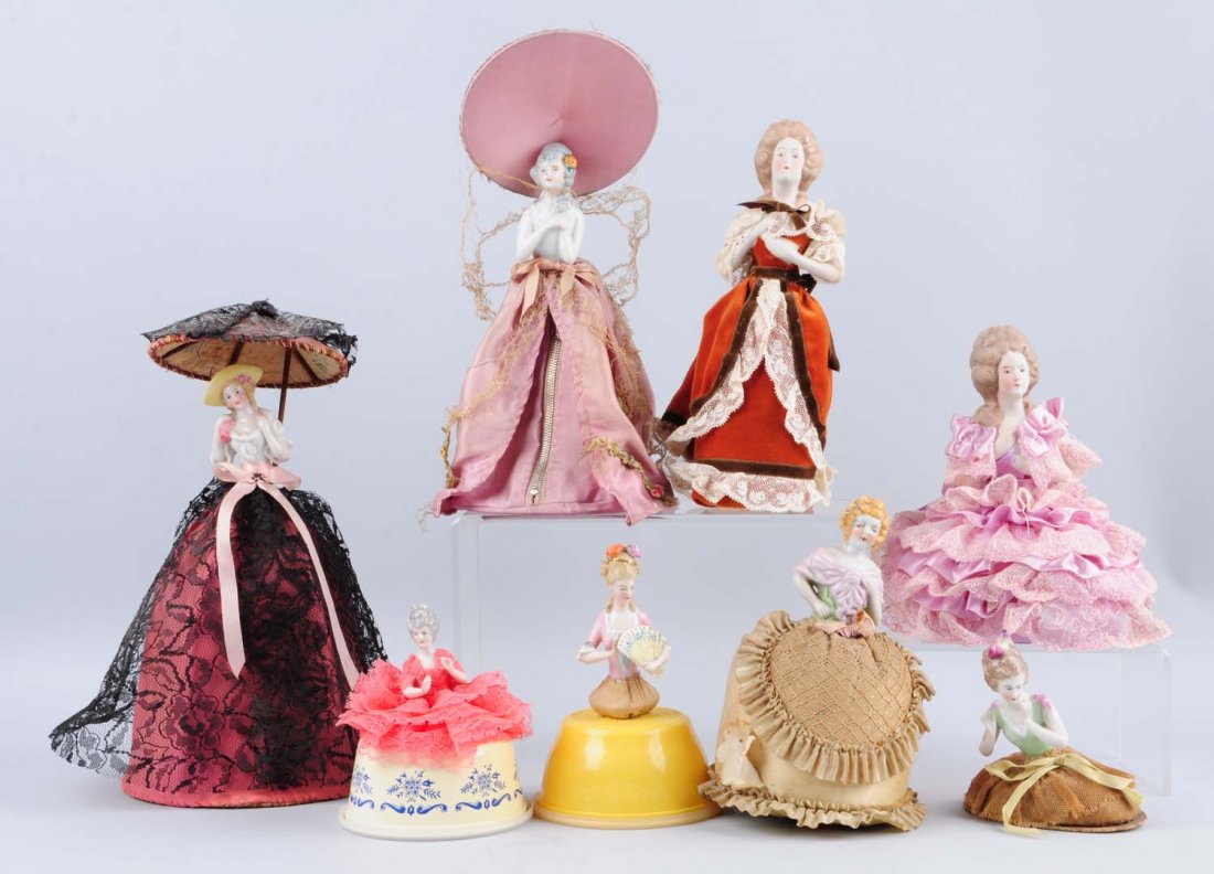 Lot Of 8: Pincushion Dolls.: This group has only the most minor wear. Nice lot. Condition (Excellent). Size Largest : 12 -1/2" T.