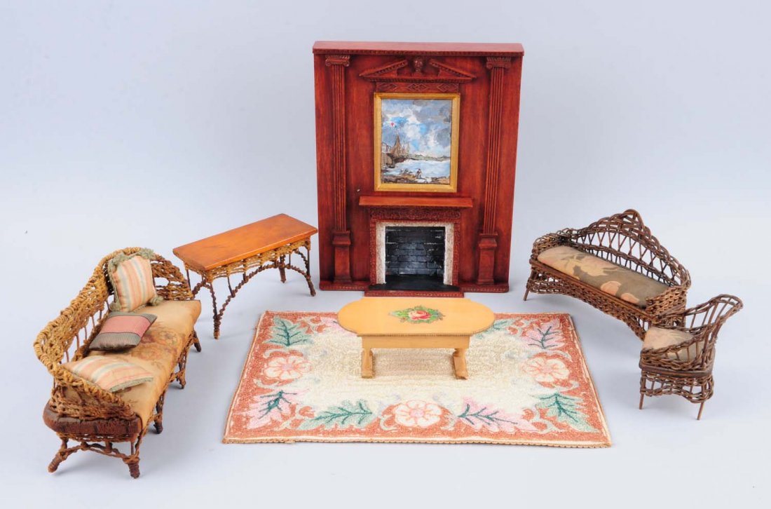 Assorted Vintage Lot Of Mini Doll Furniture.: Large scale wooden handmade fireplace (modern), four assorted wicker furniture with cushions and a light wood coffee table and needle point rug. Nice assortment. Condition (Good). Size Largest: 9 - 1/
