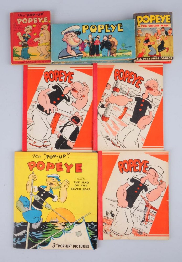 Lot Of 7: Popeye Books.: Titles includes "Popeye the Hag of the Seven Seas", "Popeye In Among the White Savages", "Popeye the Sailor Man", etc. Three books have just blank pages inside. Condition (Very Good - Excellent). Size