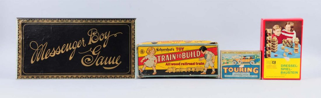 Lot Of 4:Games And Toys.: This lot included Schoenhut Train to Build set, the game of Touring, a more modern German wooden building set, and a Messenger Boy game board. Condition (Very Good - Excellent). Size Largest: 8 - 1/2"
