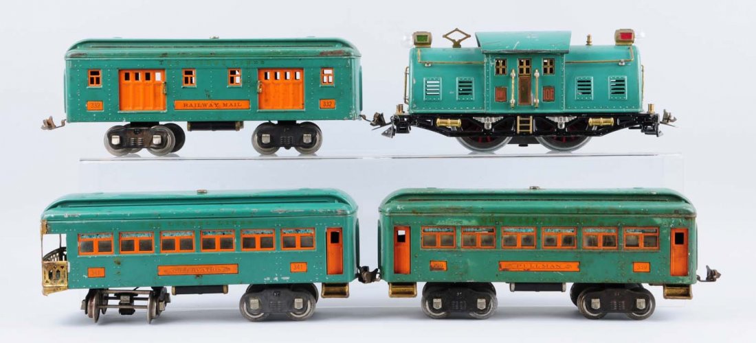 Lionel No. 10, 332, 339, 341 Passenger Set.: Lot consists of Lionel peacock NE has been re wheeled. Has small dent on roof with some scratches and paint chips but in good condition. 332 baggage car is complete and all original with some scratche