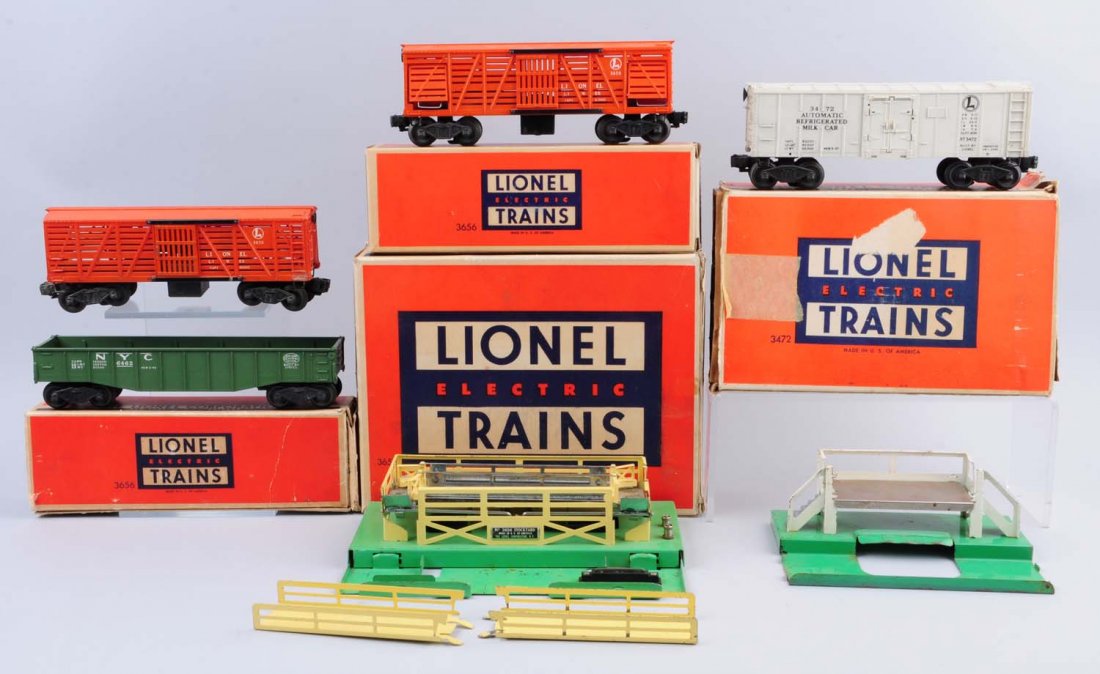 Lionel 3472 Milk Car, 3656 Cattle Car Set.: Lot consists of one Lionel green 6462 NYC gondola, complete and all original and in excellent condition. 3472 Milk car set, milk car is complete and all original, plastic door version, very clean with
