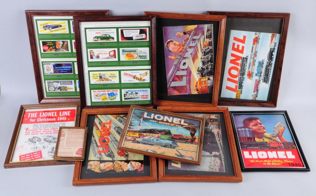 Large Grouping Of Lionel Framed Catalog's Plus.: Perfect for decorating your train room, includes 1959 catalogs cover, Lionel advertising for Christmas 1945, Lionel repro 1946 catalog, 1952 catalog, 1953 catalog, 1947 catalog, 1951 catalog, Billboar