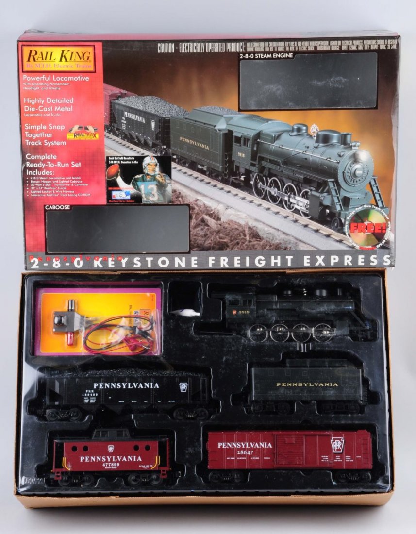 MTH Rail King PRR Train Set.: Set consists of 1-2-0 PRR steam locomotive and tender. One PRR hopper car, box car which are all complete and in original box.