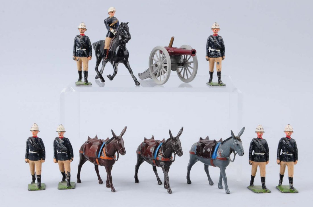 Ten Assorted Britans.: Six Britans marching all have some paint chips in very good condition. Mounted pack team. Donkey hauling barrel, donkey hauling trail and donkey hauling wheels. One mounted solider missing a sword. Al