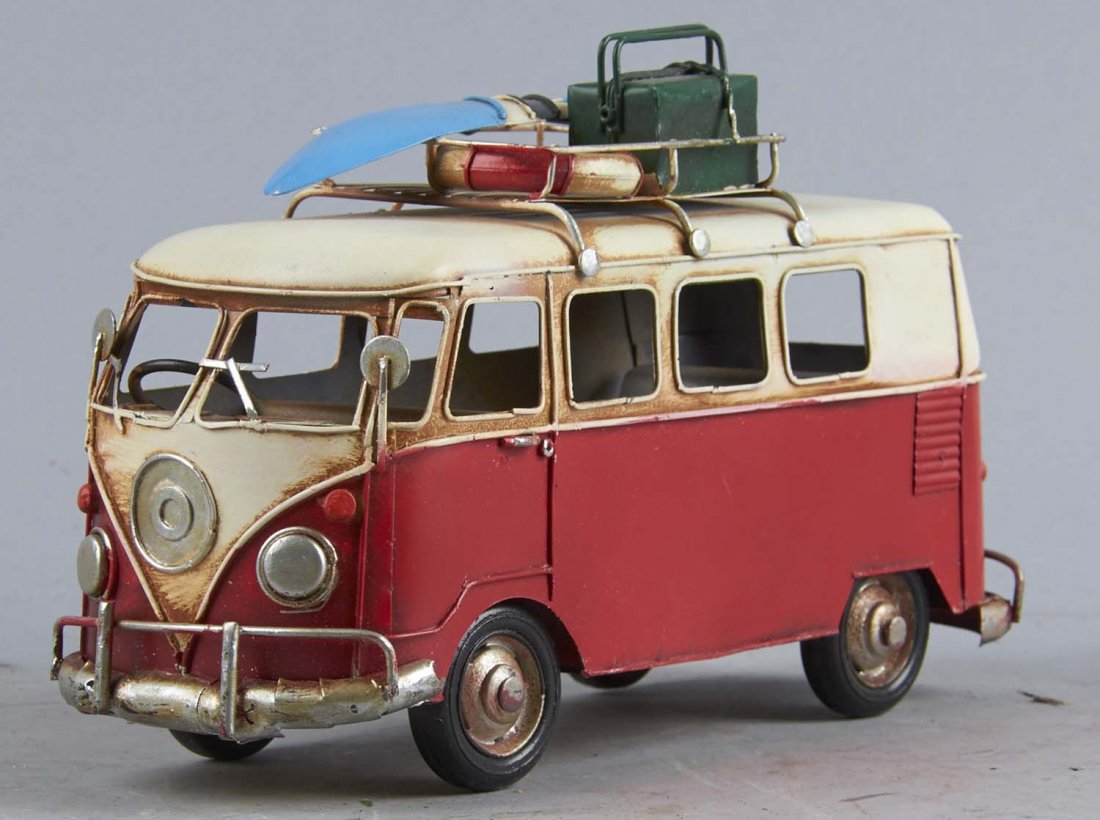 Hand Crafted Metal Folk Art Volkswagon Bus: Detailed with painted patina. Condition (Very good). Size 10-1/2" L.