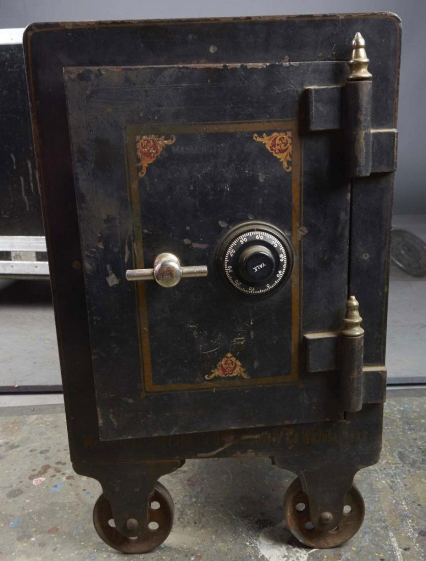 Antique Floor Model Safe: Front artwork shows age. Reads "Western Lithograph & Office Supply Wichita, Kansas". Back is marked "The Hall's Safe Company". Includes internal lock box, older Star Safe Mfg. Co. combination lock, kn