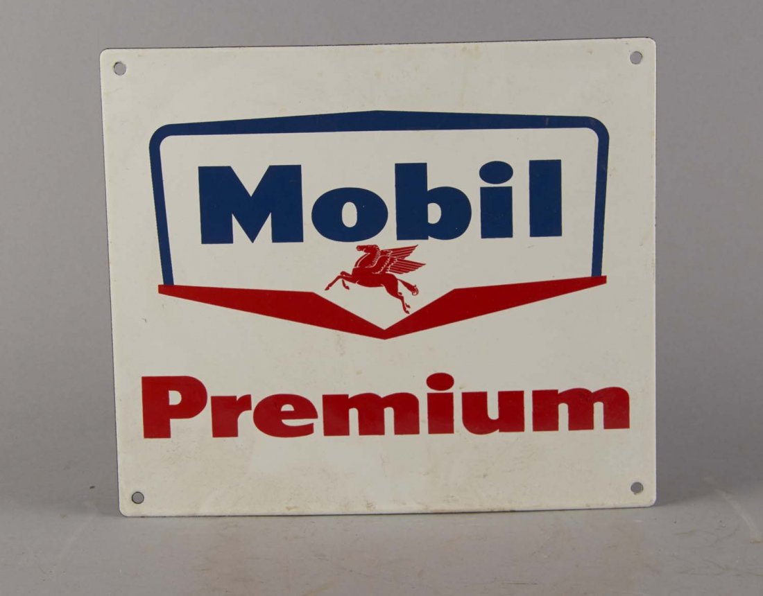 Lot Of 10: Service Station Items: 1- Mobil Premium porcelain sign with Pegasus logo (14" x 12"), 1 - Hood Tires Tubes tin litho sign (22" x 8"), 1- Buckeye 800 F nickel and brass gas pump nozzle (16" long), and 7- double sided 1/10- 9