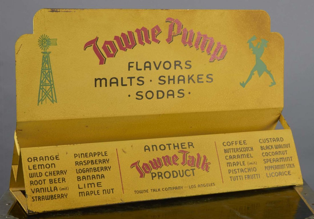 Towne Pump Soda Flavorings Countertop Display: Metal display and storage for bottles of flavoring. "Towne Pump flavors, malts, shakes,and sodas." Towne Talk Company, Los Angeles. Condition (Excellent). Size 17" T.