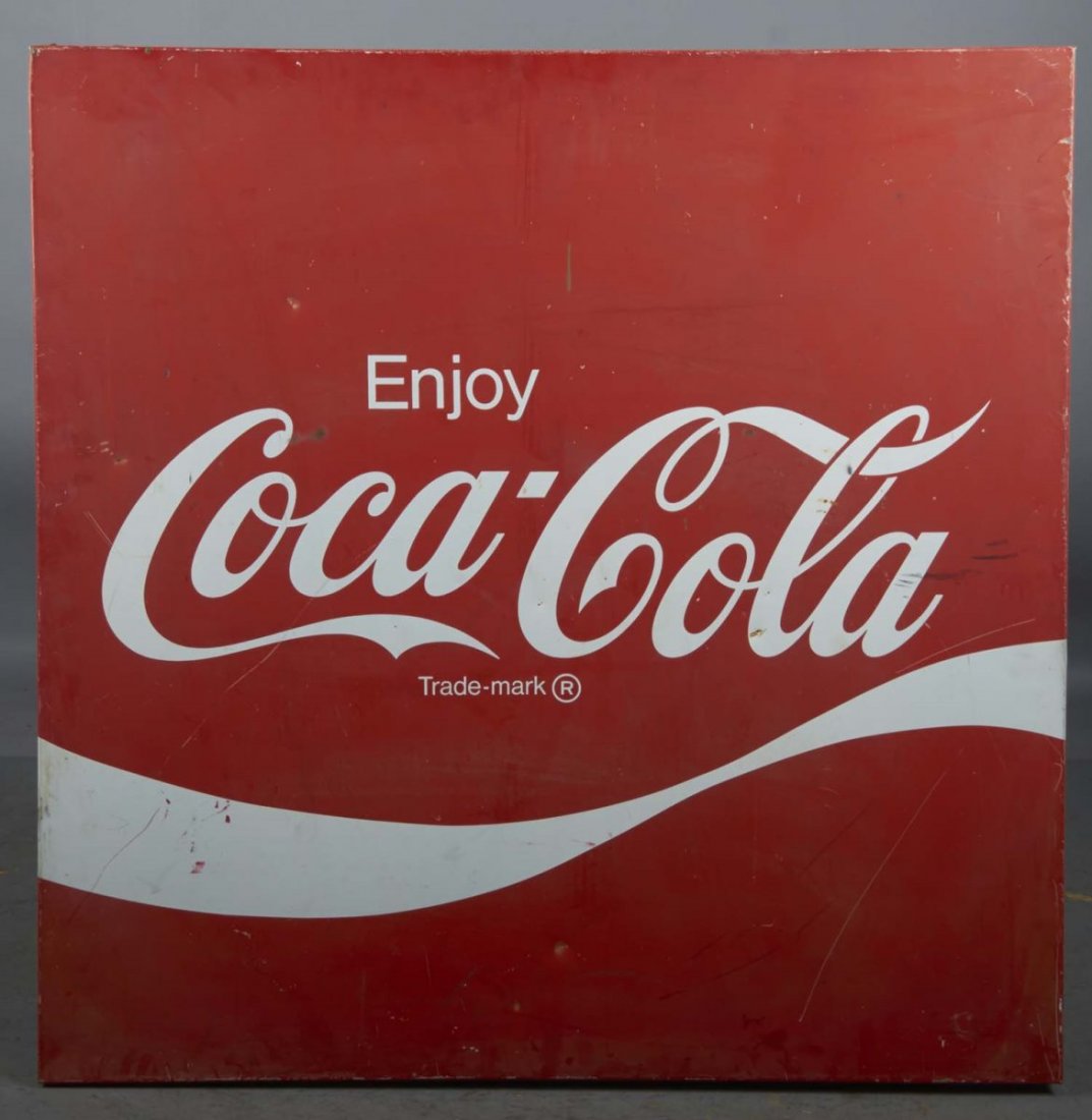 Large Coca Cola Sign: Single-sided tin lithograph Coca Cola sign. Reads, "Enjoy Coca-Cola." Condition (Good). Size 36" x 36"