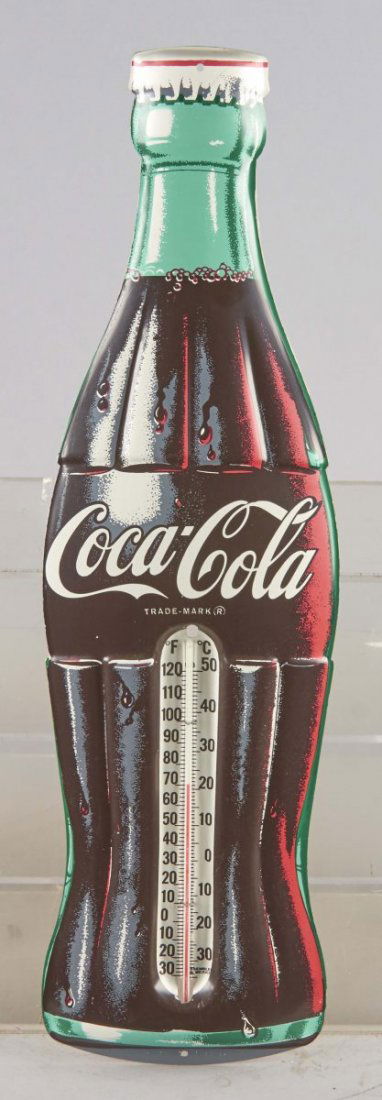 Coca Cola Large Reproduction Thermometer Sign: Tin lithograph thermometer is shaped like a bottle of Coke. Condition (Excellent). Size 29" T.