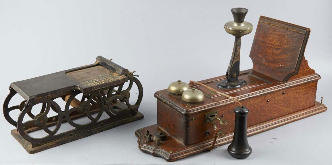 Lot Of 2: Kellogg Wall Telephone , Dupligraph: 1- Wooden Kellogg crank wall phone with interior mechanisms and Decal stating "Here I-Ring, There I-Ring", Mouthpiece has Patent date of 1901, and 1 - Cast iron "Auto Dupligraph" manual ledger receipt