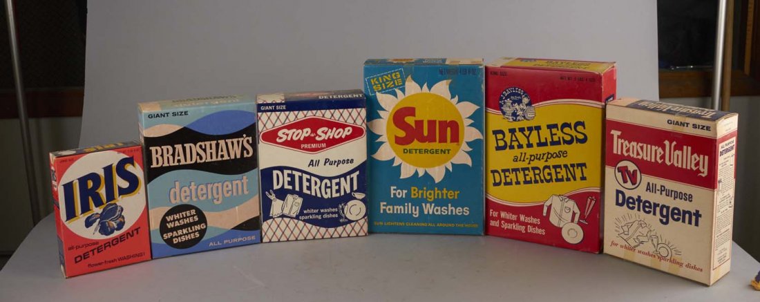 Lot Of 6: Laundry Detergent Boxes: Including 1- 5 lb 4 oz Bayless All Purpose detergent box (9"x 14"), 1- 4 lb 8 oz box of Sun Detergent (9"x 14"),1- 3 lb 1.25 oz giant box of Stop N Shop Laundry and Dish Detergent (8" x 11") , 1- 3 lb