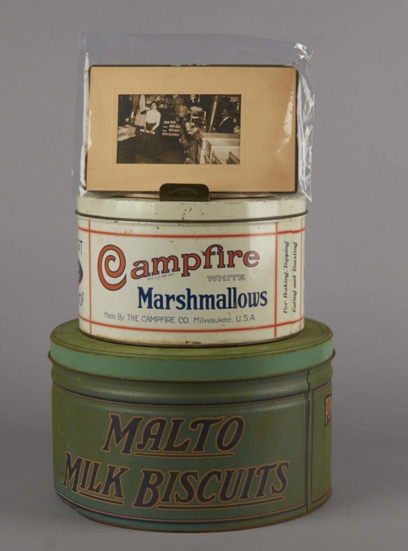 Lot Of 3: Country Store Items: 1- Campfire white marshmallows hinged tin with screened glass lid insert and stale marshmallows inside (10" x 6"), 1- Pennant Malto milk biscuit tin with glass insert on lid - made by Feber Biscuit of