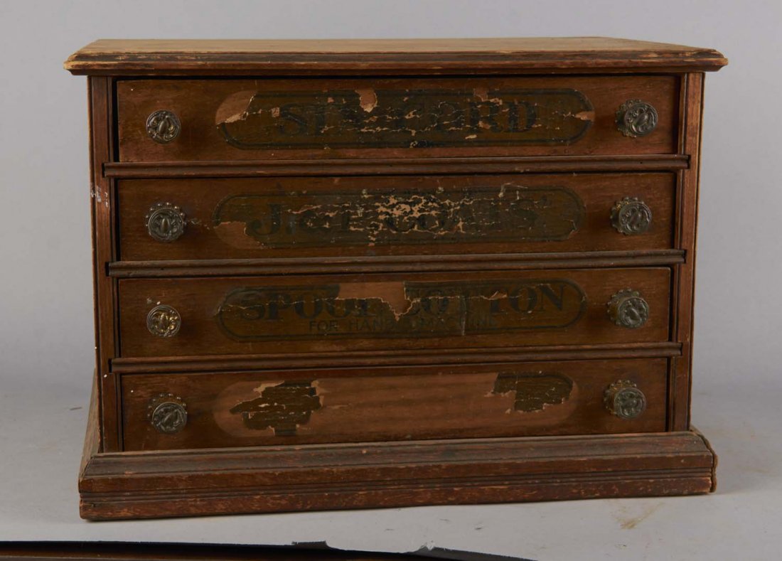 J & P Coats Six Cord Spool Cabinet: Wood display cabinet with four drawers is in original condition with wear to the paper labels. Condition (Good). Size 21" X 16" X 15"