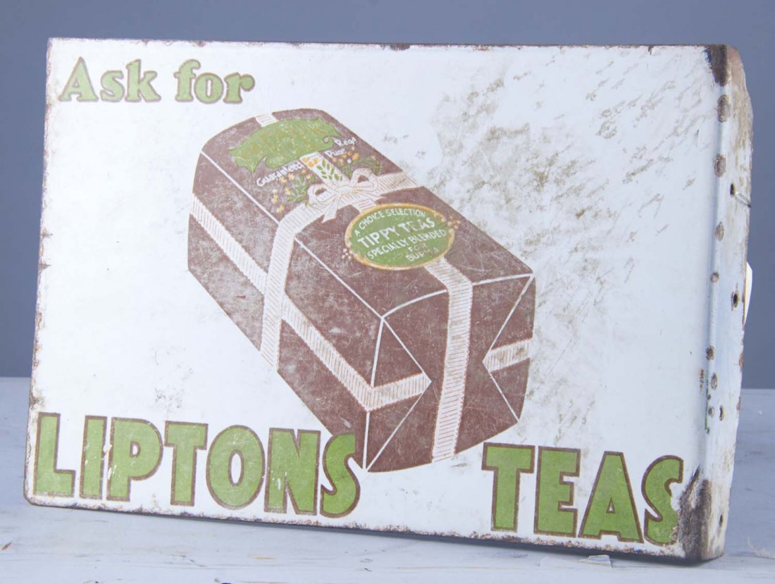Ask For Lipton Teas Porcelain Flange Sign: Double sided sign shows some damage to flange and fading of the graphic on both sides. This sign is unique in that one side is in English and the other, in Burmese. Package of tea pictures is labelled