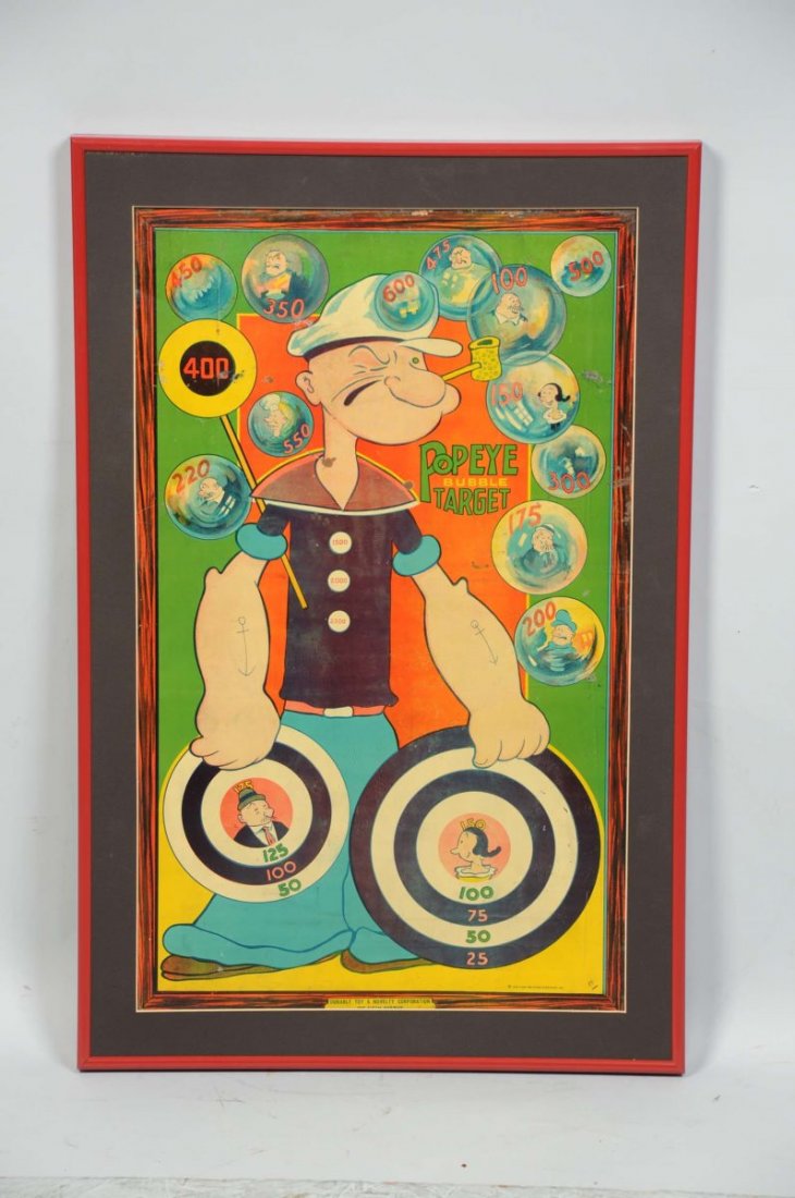 Popeye Bubble Target Sign: Single sided tin sign in frame without glass. Light wear and scratches. Marked 1939 King Features Syndicate Inc. Made by Durable Toy and Novelty Company. Condition (Very good). Size 24" x 14"