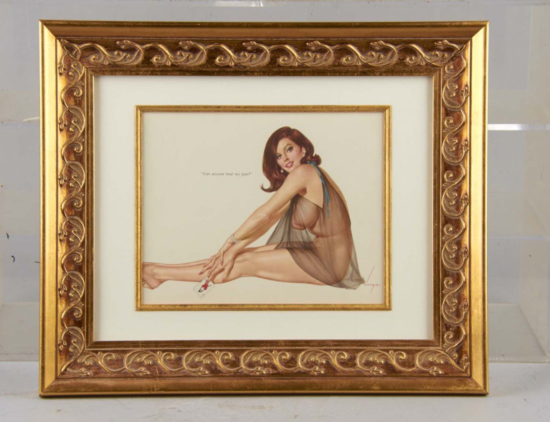 Alberto Vargas Can Anyone Beat My Pair? Pin-up: Print featuring pretty brunette matted in ornate gold frame. Condition (Excellent). Size 17-3/4" x 14-3/4"