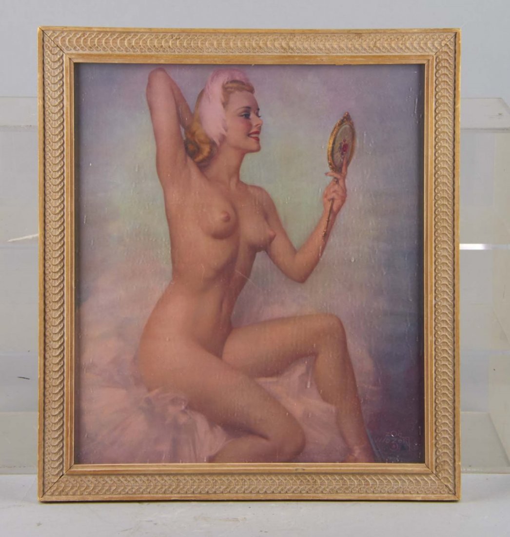 Zoe Mozert Nude Pin-Up Print In Frame: Scene features a pretty nude blonde with a pink feather hat, seated on top of a pink petticoat or tutu looking into a hand held mirror. Entitled "Leading Lady". Condition (Excellent). Size 17-1/2" x 1