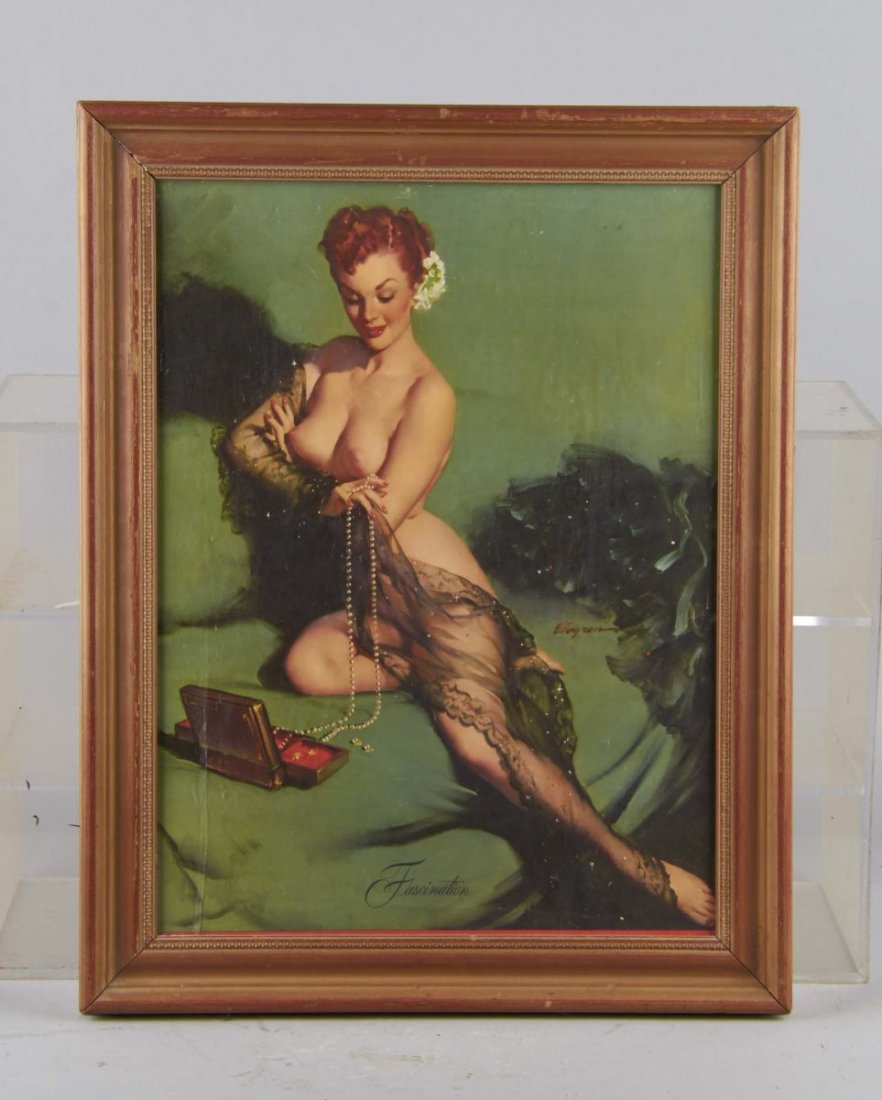 Gil Elvgren Fascination Pin-Up Print In Frame: This print features nude redhead admiring a pearl necklace and jewelry box. Condition (Excellent). Size 18-1/2" x 23-1/2"