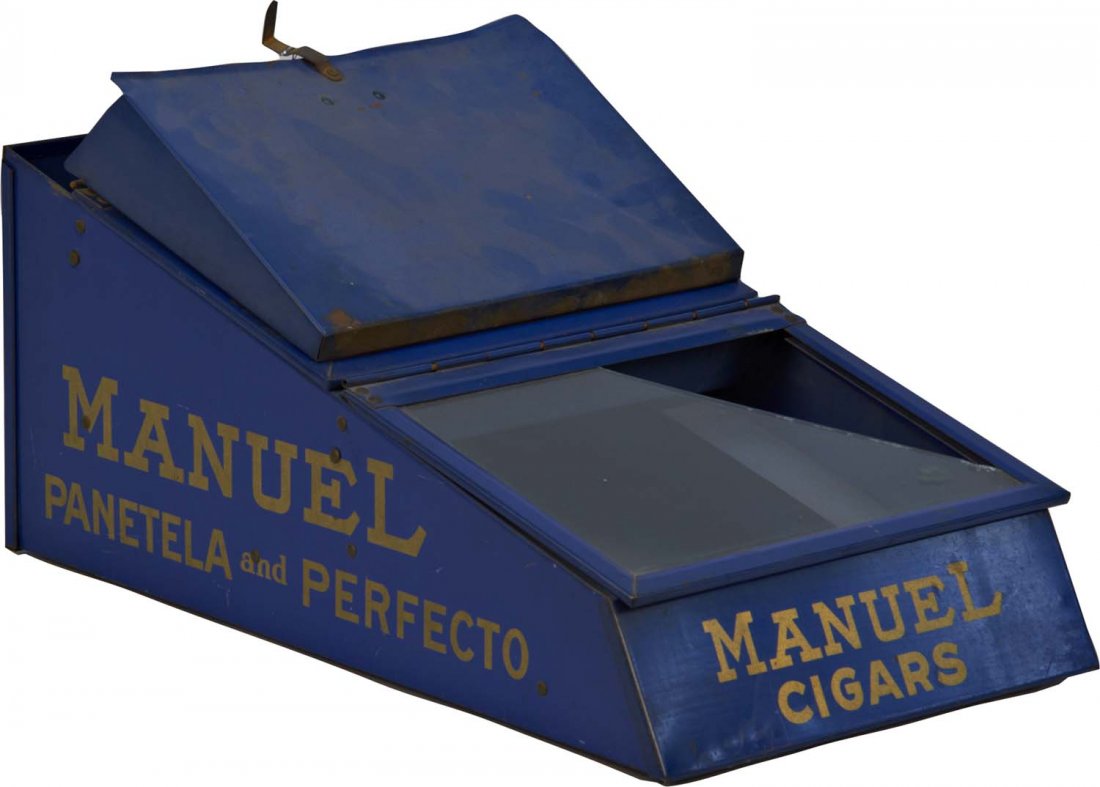 Manuel Cigars Countertop Tin Display Humidor Case: With two display windows. Marked "Manuel Panetta and Perfecto" with "Flor de Manuel Superiores 10 Cents Straight" tin litho display sign by Mazer-Cressman Cigar Co. Inc. Condition (Very good). Size 9"