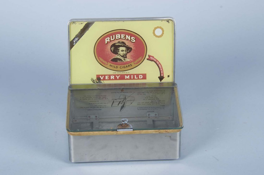 Rubens Mild Cigars Countertop Display Humidor: Early glass and tin case by Jose Escalante & Co. Shows occasional paint loss from the reverse printed glass. Condition (Good). Size 9-3/8" x 7" x 10"