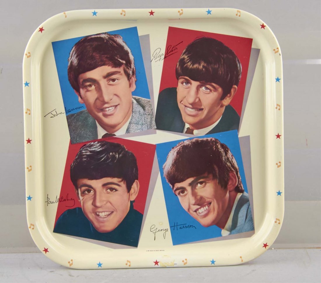 The Beatles Worcester Ware Tin Tray: Features portraits of each member. Marked 6 M8 Made In Great Britain. Shows a few very small chips in the field and a few slightly larger on back. Condition (Excellent). Size 13" x 13"